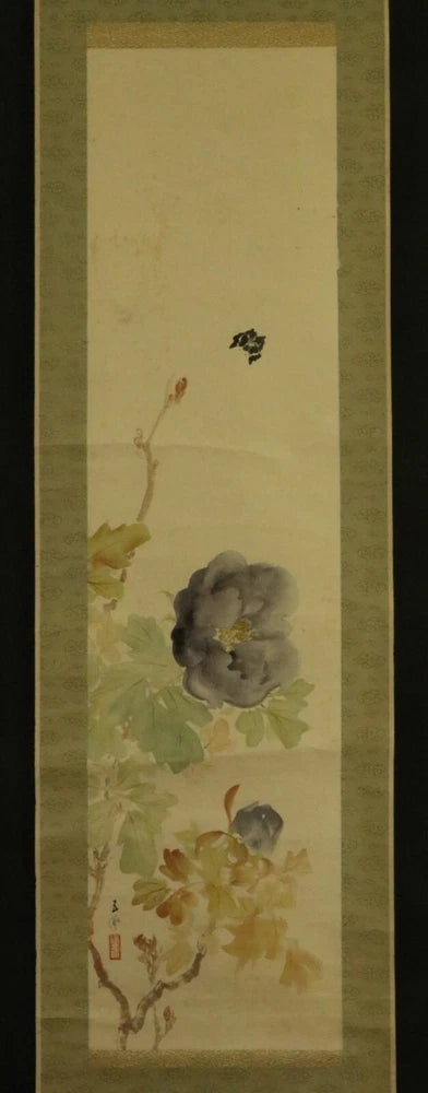 JAPANESE HANGING SCROLL ART Painting "Peony Flower and Butterfly" by __ in May Peony