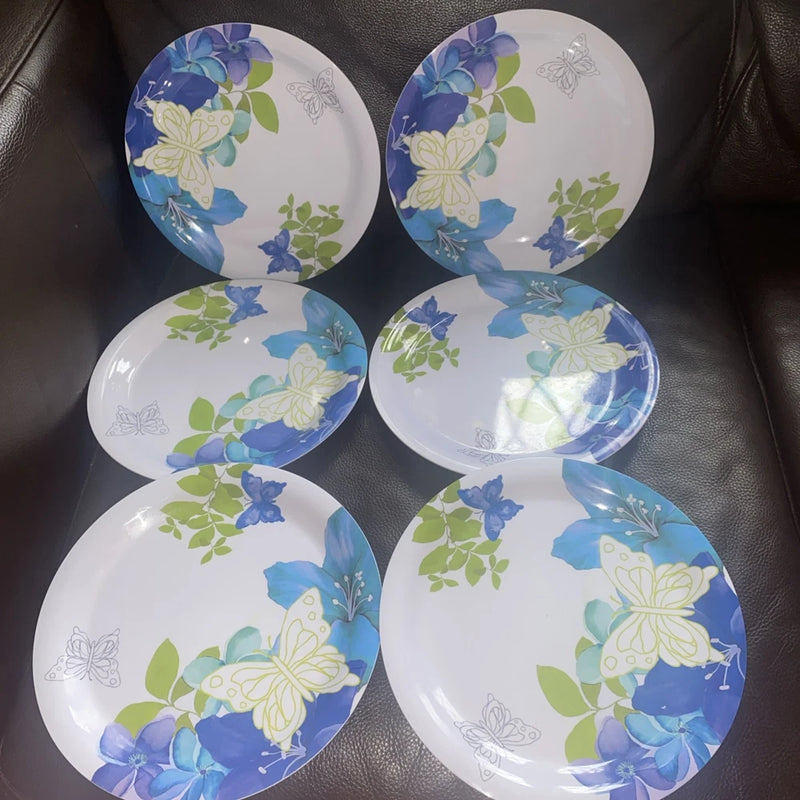 6 Shabby Chic Salad Plates Blue Purple Hydrangea Butterfly 100% Melamine 9" New Hydrangea