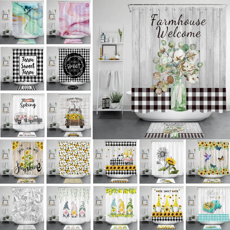 Farmhouse Cotton Flower Shower Curtain Sets Sunflower Gnomes For Bathroom Decor Sunflower