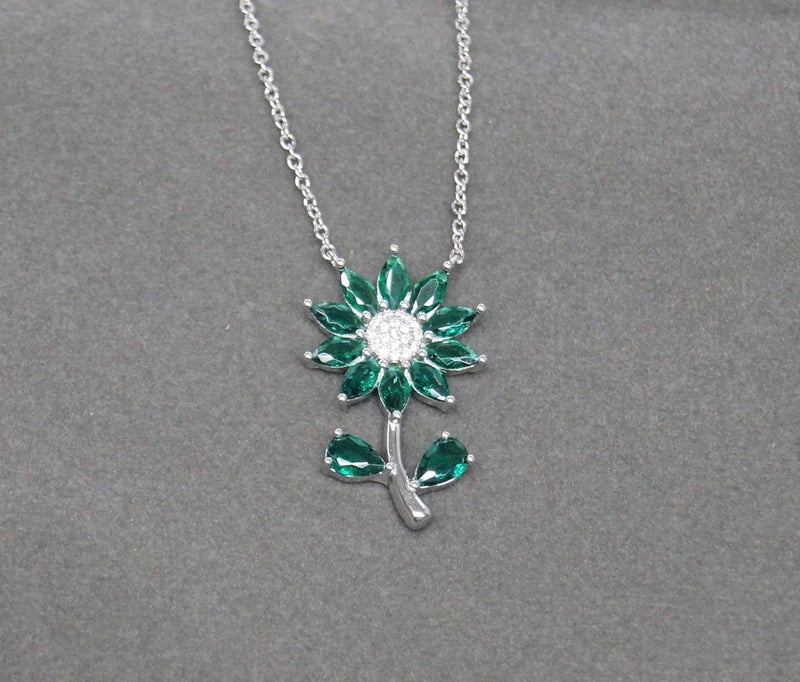 Emerald Sterling Silver Sunflower Necklace Pendant Jewelry Gift for Her NIB Sunflower
