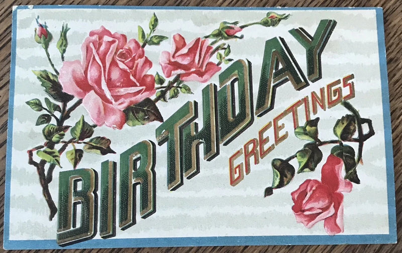 Antique greeting postcard with glitter BIRTHDAY text and pink carnation bouquet