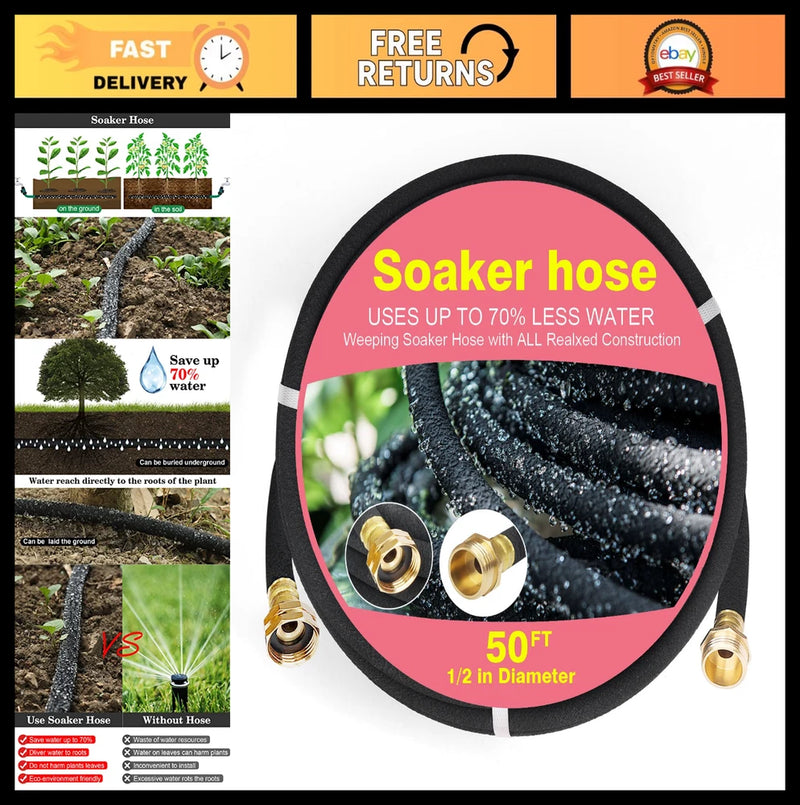50 FT Soaker Hose - 1/2 Inch Drip Irrigation for Garden Beds, Lawn & Yard, Water Garden Plants