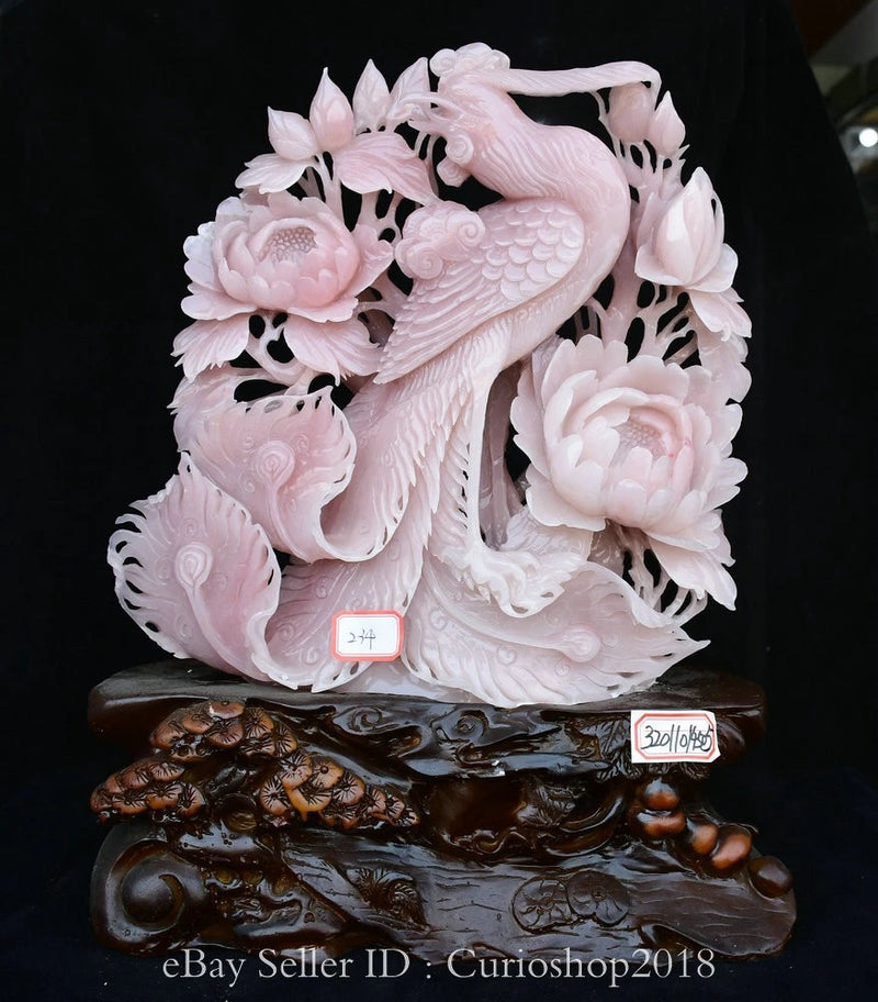Pink carved jade peony and phoenix bird sculpture with floral details on base