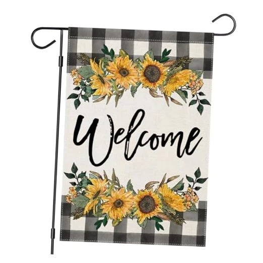 Welcome garden flag with sunflowers and greenery, black plaid border, hanging hook