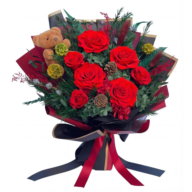 HUACHIPLUS Preserved Bouquet with Bear: Big Flowers Red Rose1 Hydrangea