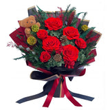 HUACHIPLUS Preserved Bouquet with Bear: Big Flowers Red Rose1 Hydrangea