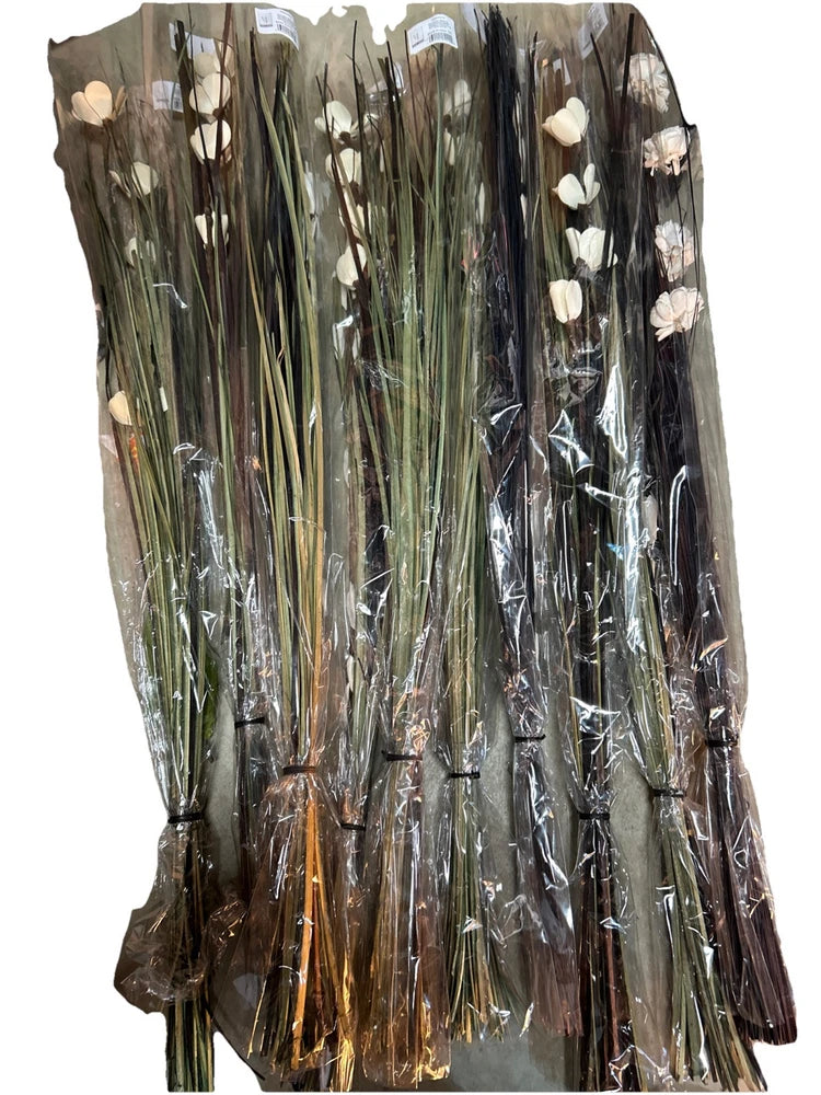 Set of 10 dried floral stems in clear wrap, white blossoms on dark stems