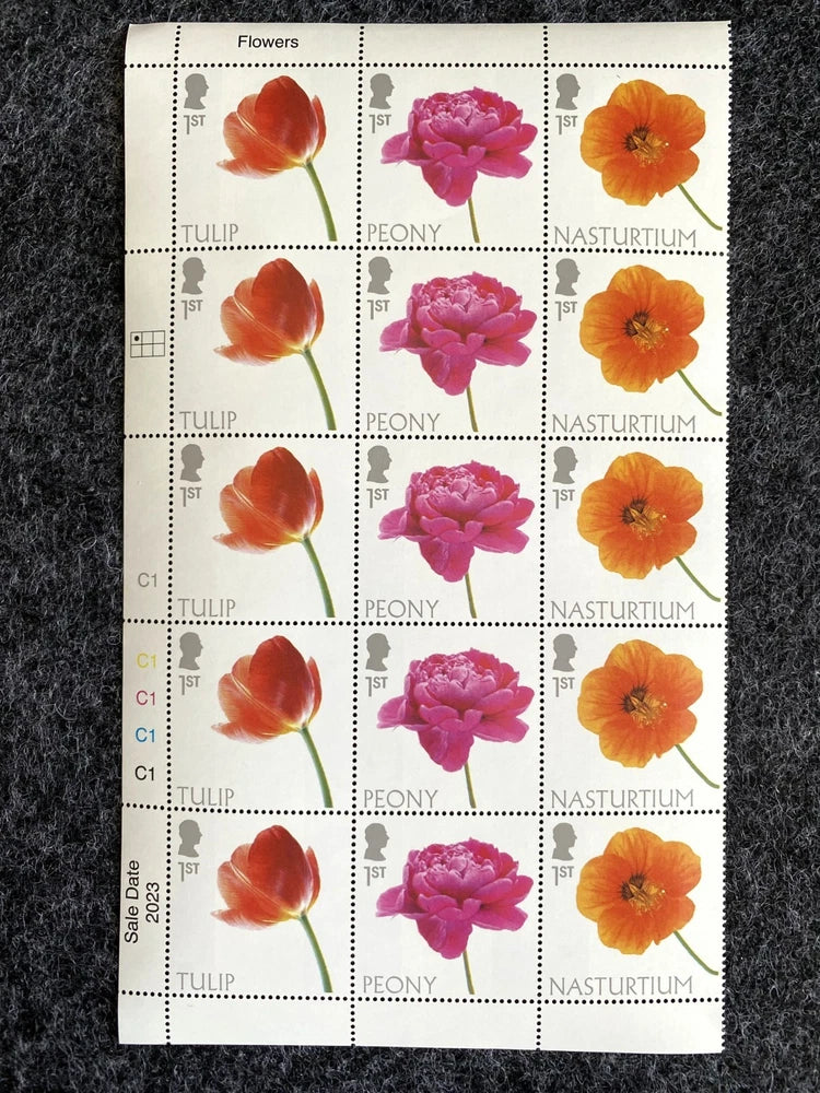 (2023) 1st class UK GB Stamps MNH Block Sheet Tulip PEONY NASTURTIUM Flowers Peony