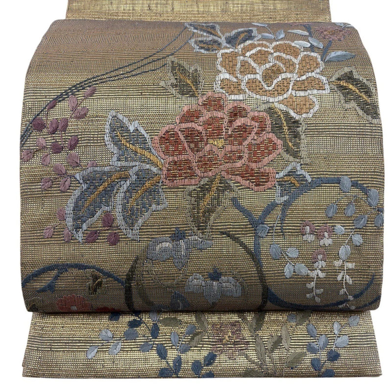 Fukuro Obi Gold Silk Peony Flowers Used 434cm Long 31cm Wide Peony