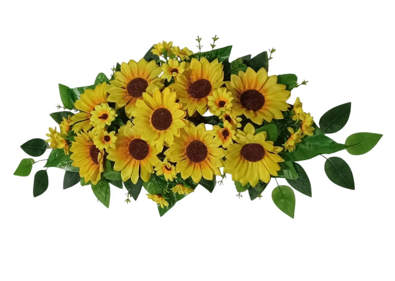 Sunflower silk door arch swag with clustered yellow flowers and green leaves