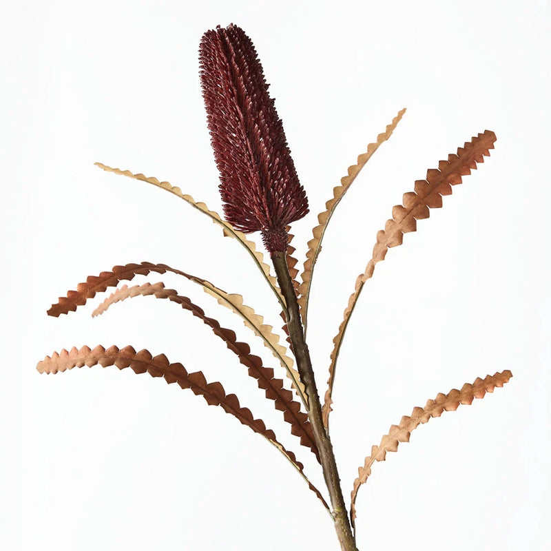 Artificial banksia pencil flower stem with dark red and tan seed pods