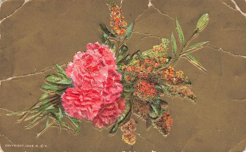 PINK CARNATION FLOWER ARRANGEMENT VINTAGE GREETING POSTCARD 1910 GOLD FOIL Carnation