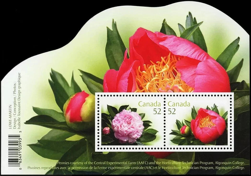 Canada postage stamp sheet with peonies, pink and red flower stamps labeled 52