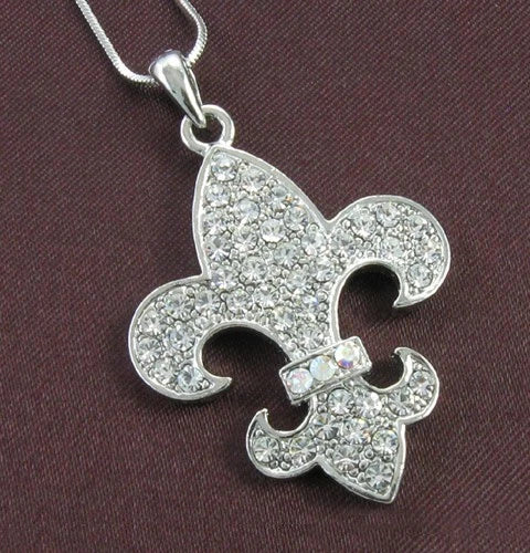 Fleur de Lis Lily Flower Clear Crystal Necklace Pendant Lily