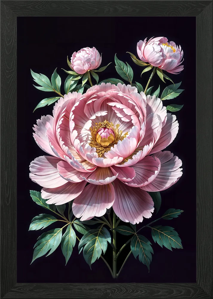 Framed wall art with pink and white peony flowers and green leaves