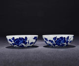 Pair Yongzheng Signed Chinese Blue & White Porcelain Cup w/peony flower U1947 Peony