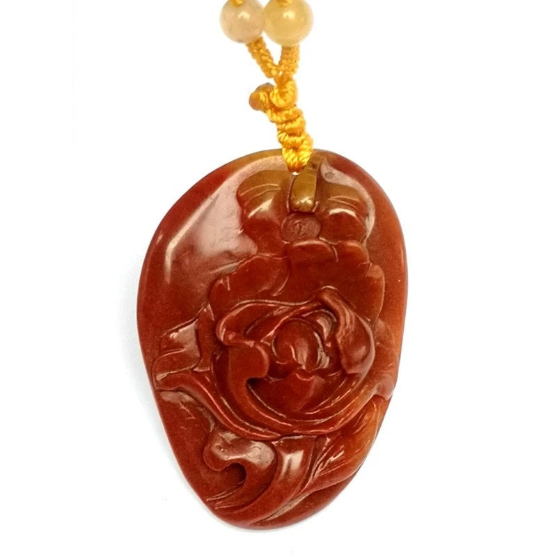 2 Inch Chinese Huanglong Jade carved Peony Flower Necklace Pendant lucky Gift Peony