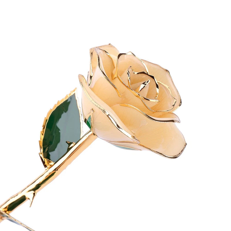 24k gold dipped rose flower ornament with long straight stem, metallic finish