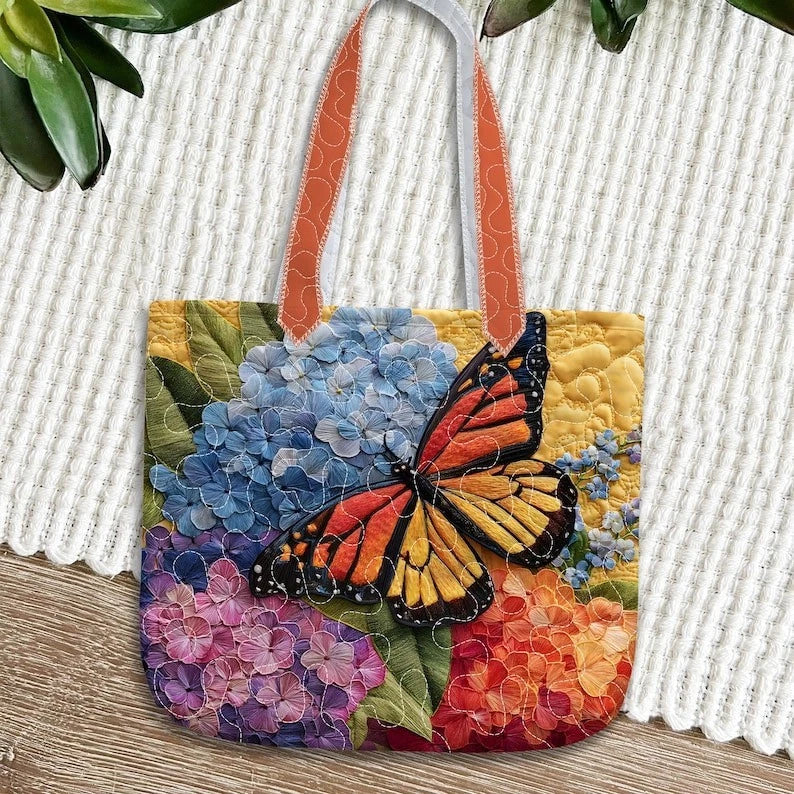 Quilted Butterfly Tote Bag, Hydrangea Flower & Butterfly Bag, Colorful Quilted S Hydrangea