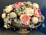 Vtg Large Ornate Grapevine Gooseneck Handle Brass Centerpiece Bowl Faux Flowers Peony