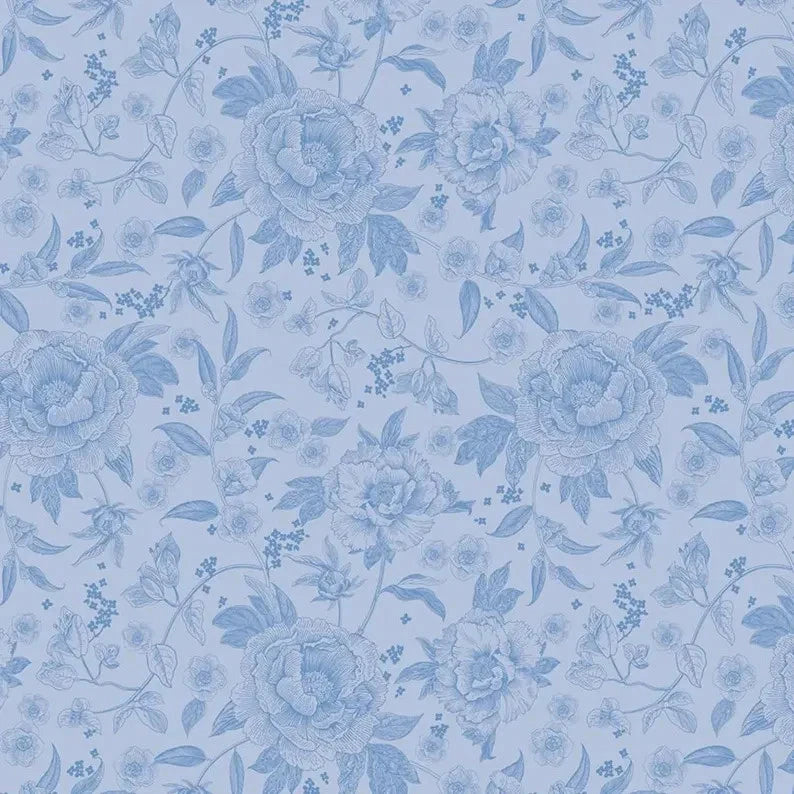 BY THE YARD, Penelope Floral ~ Sky Blue Cotton $3.99 Ships ANY Amount Of Fabric Flowering Plants
