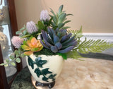 Decorative Artificial Purple Green Grass Succulent in MCM White Green Planter Green Plant