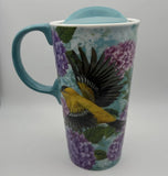 Cypress Home Goldfinch Hydrangea Travel Mug 17oz Ceramic w Lid Bird Floral Hydrangea