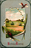 Postcard Birthday Greeting Embossed Lilies of The Valley Country Meadow Inset Lily