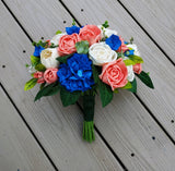 Royal Blue Bridal Bouquet Pink Coral Tropical Wedding Sola Wood Bridesmaid Bride Bouquet