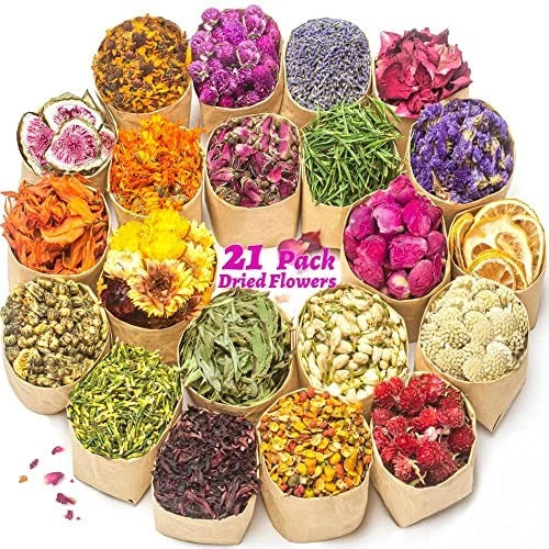 21-pack dried flower herb assortment in paper bags, assorted colors and shapes