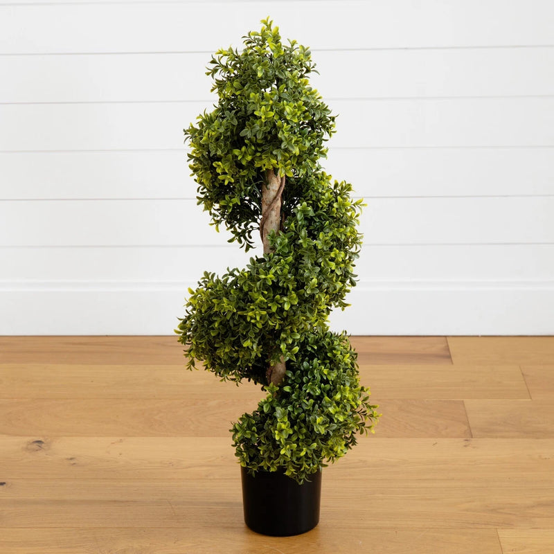 33Ó Topiary Boxwood Spiral Artificial Tree Natural Trunk UV Indoor/Outdoor. Green Plant