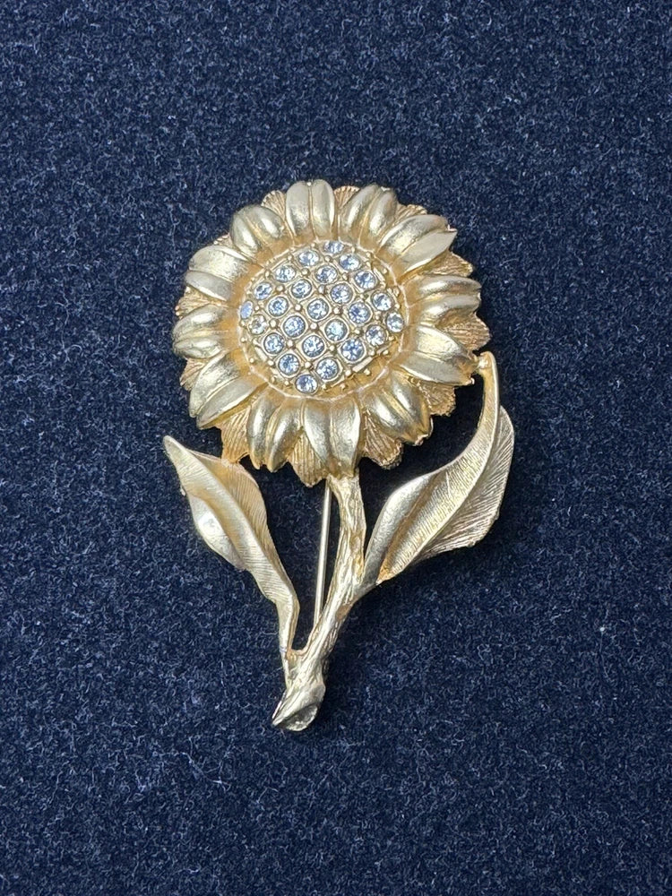 Vintage Clear Rhinestone Flower Brooch Pin Brushed Matte Gold Tone Sunflower Sunflower