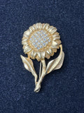Vintage Clear Rhinestone Flower Brooch Pin Brushed Matte Gold Tone Sunflower Sunflower