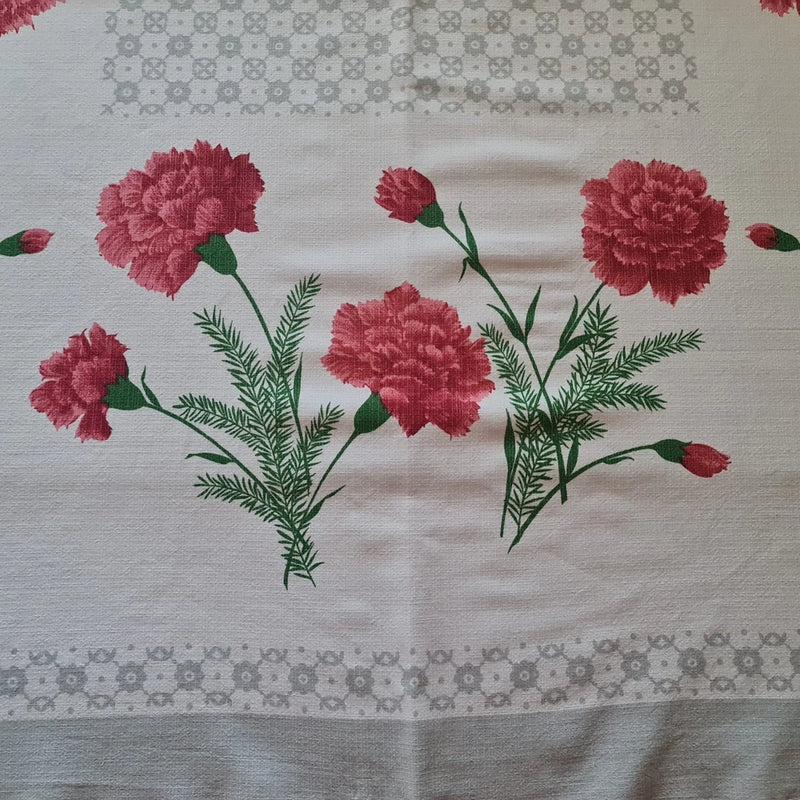 TABLECLOTH VINTAGE AUTHENTIC FLORAL ART CARNATIONS COTTON PINK GRAY RECTANGULAR Carnation