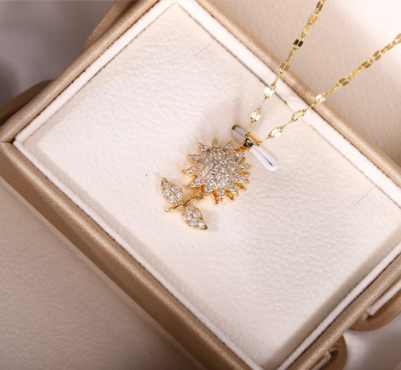 Gold Titanium Spin Flower Sunflower Pave Cubic Zirconia Pendant Chain Necklace Sunflower