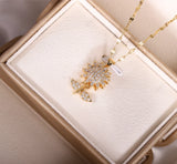 Gold Titanium Spin Flower Sunflower Pave Cubic Zirconia Pendant Chain Necklace Sunflower