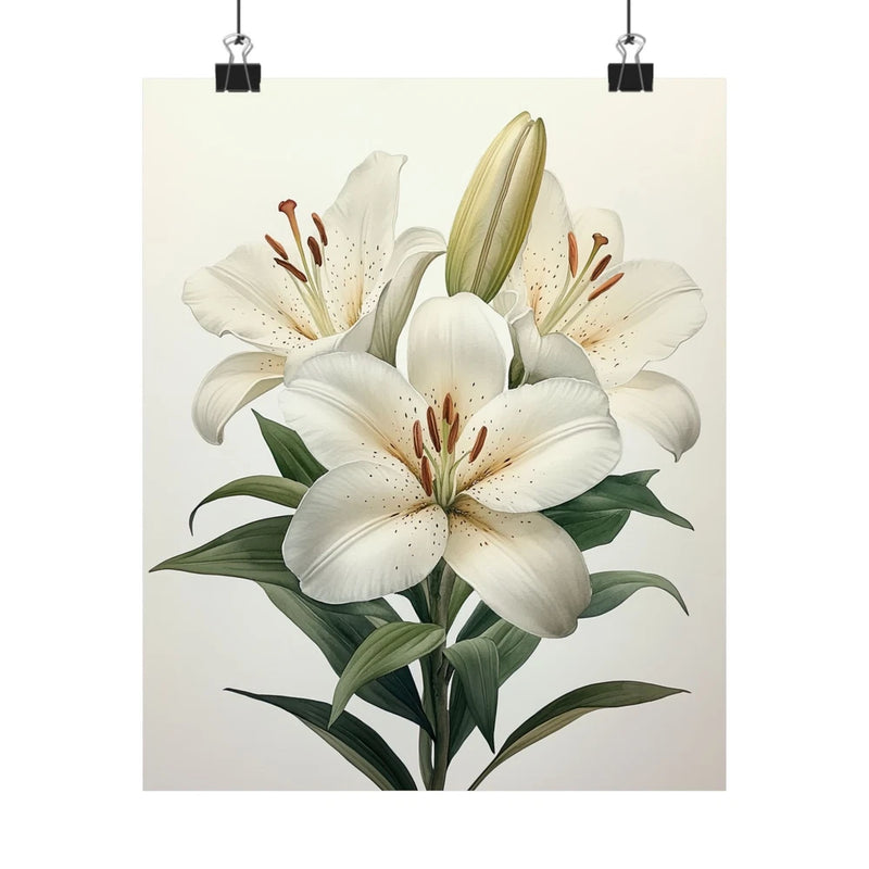White lily flower art print poster with green leaves, minimalist floral design