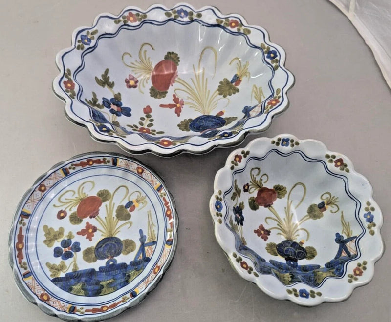 3pc VTG AMM Faenza Garofano Blue Carnation Serving Dish/ Bowl Italy Carnation