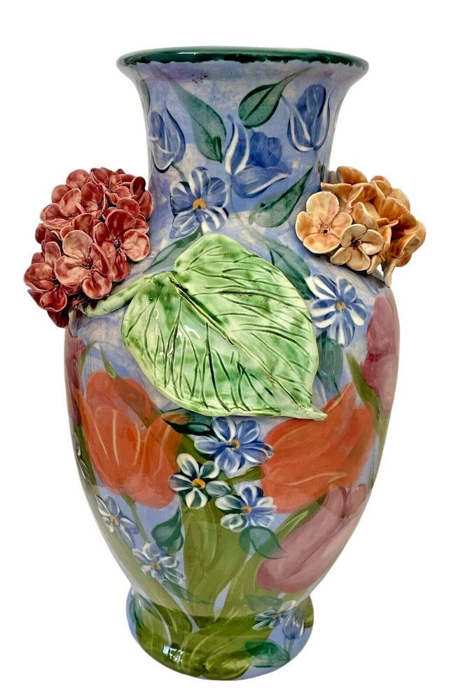 LESAL Ceramics Hand Painted 16"  Floral Hydrangea  Vase. California. Signed. Hydrangea