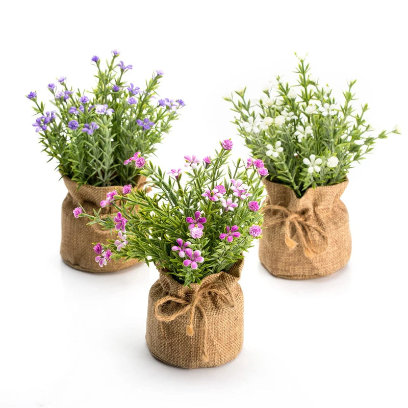 Breath Artificial Flowers in Small Burlap Bag Vases 3Pcs -Gypsophila Green Plant