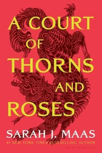 Paperback book cover with red rose-thorns illustration, title and Sarah J. Maas