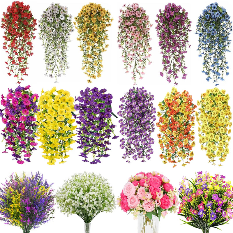 Artificial faux flower vine plants with peony-style blossoms, assorted colors display