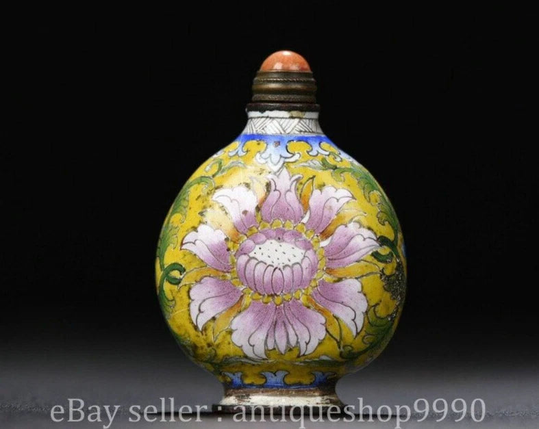 2.2" Qianlong Marked Chinese Copper Enamel Peony Flower Pattern Snuff Bottle Peony