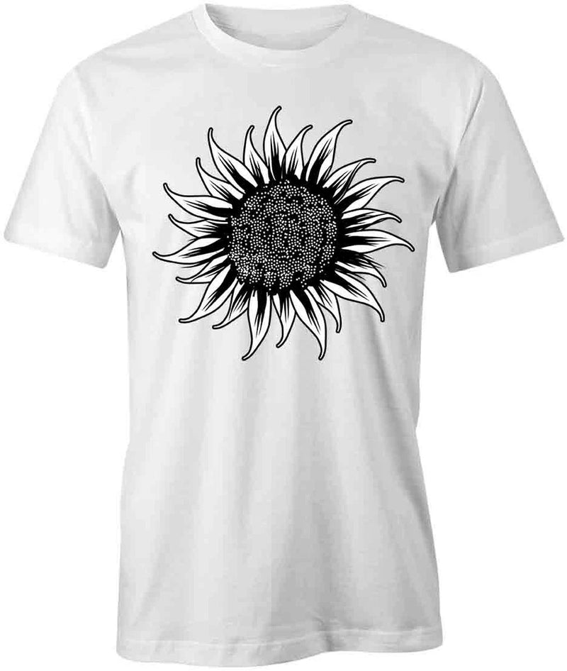 White cotton short-sleeve T-shirt with black sunflower graphic print