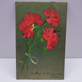 Red Carnation Floral Bouquet Green Glitter Background 1907 Postcard Carnation