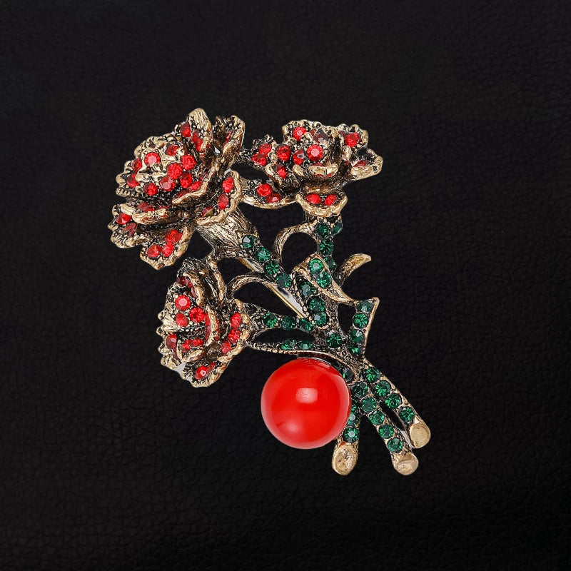 Women's Red Crystal Rhinestone Carnation Flower Brooch Pin Carnation