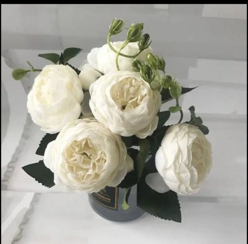 White Silk Peony Artificial Flowers 1 Bouquet 5 Big Head and 4 Bud Fake Flowers Peony