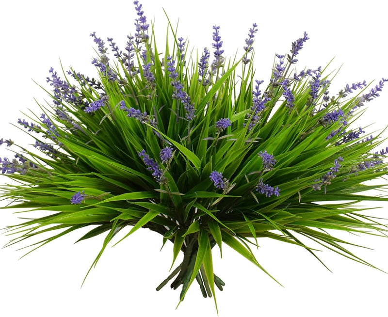 Artificial outdoor monkey grass bundle with green blades and purple flower spikes