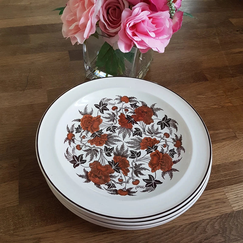 Wedgwood dinner plates set of 4, white with orange floral wreath and dark rim
