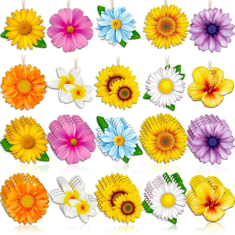 40 Pieces Spring Ornaments for Tree Wood Flower Butterfly Ornaments Sunflower... Sunflower